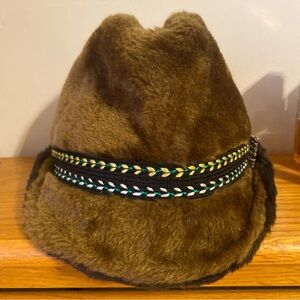Vintage 60’s Union Hatters Brown Faux Fur Fedora Hat with Embroidered Band